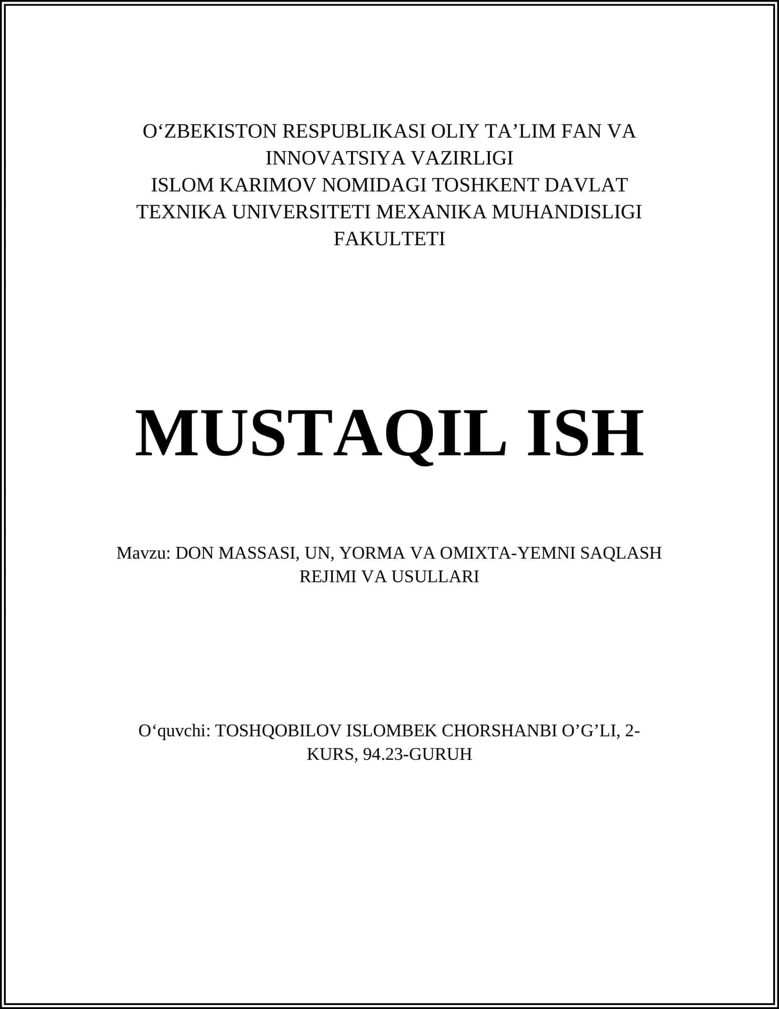 DON MASSASI, UN, YORMA VA OMIXTA-YEMNI SAQLASH REJIMI VA USULLARI 1