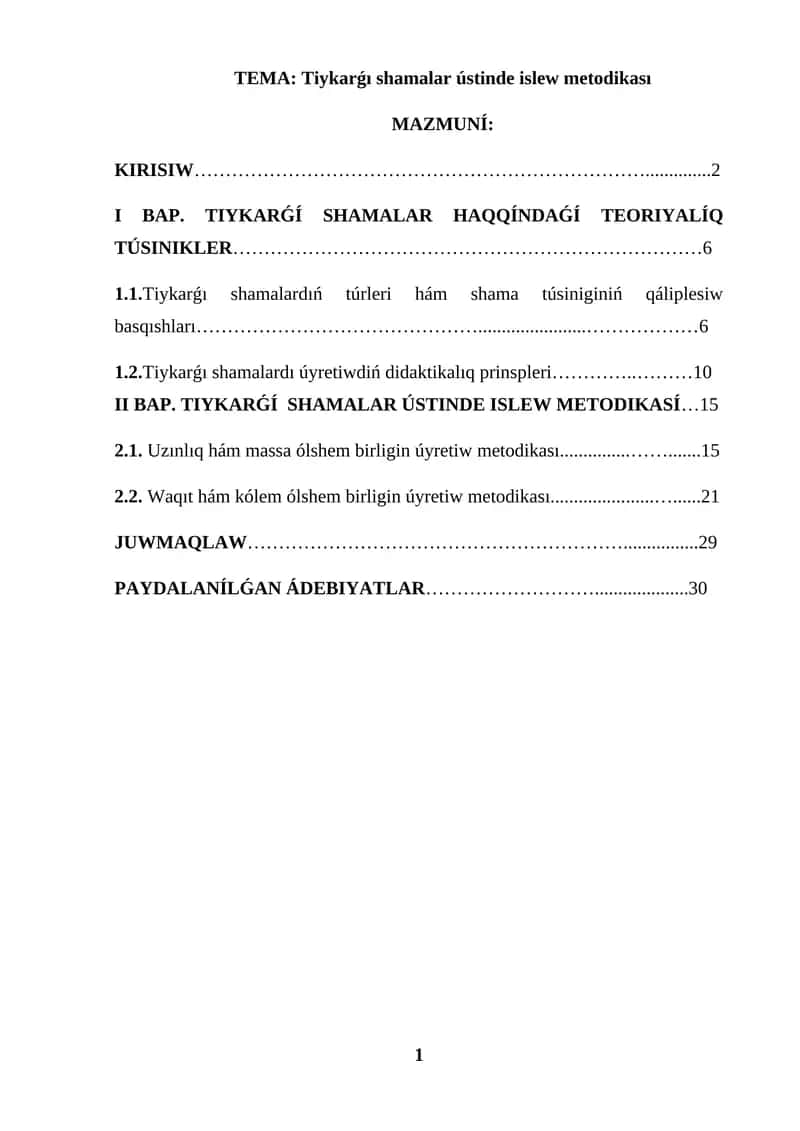 Tiykarǵı shamalar kurs jumısı 1