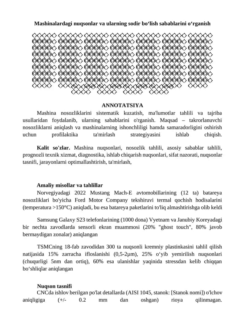 Mashinalardagi nuqsonlar va ularning sodir boʻlish sabablarini oʻrganish 1
