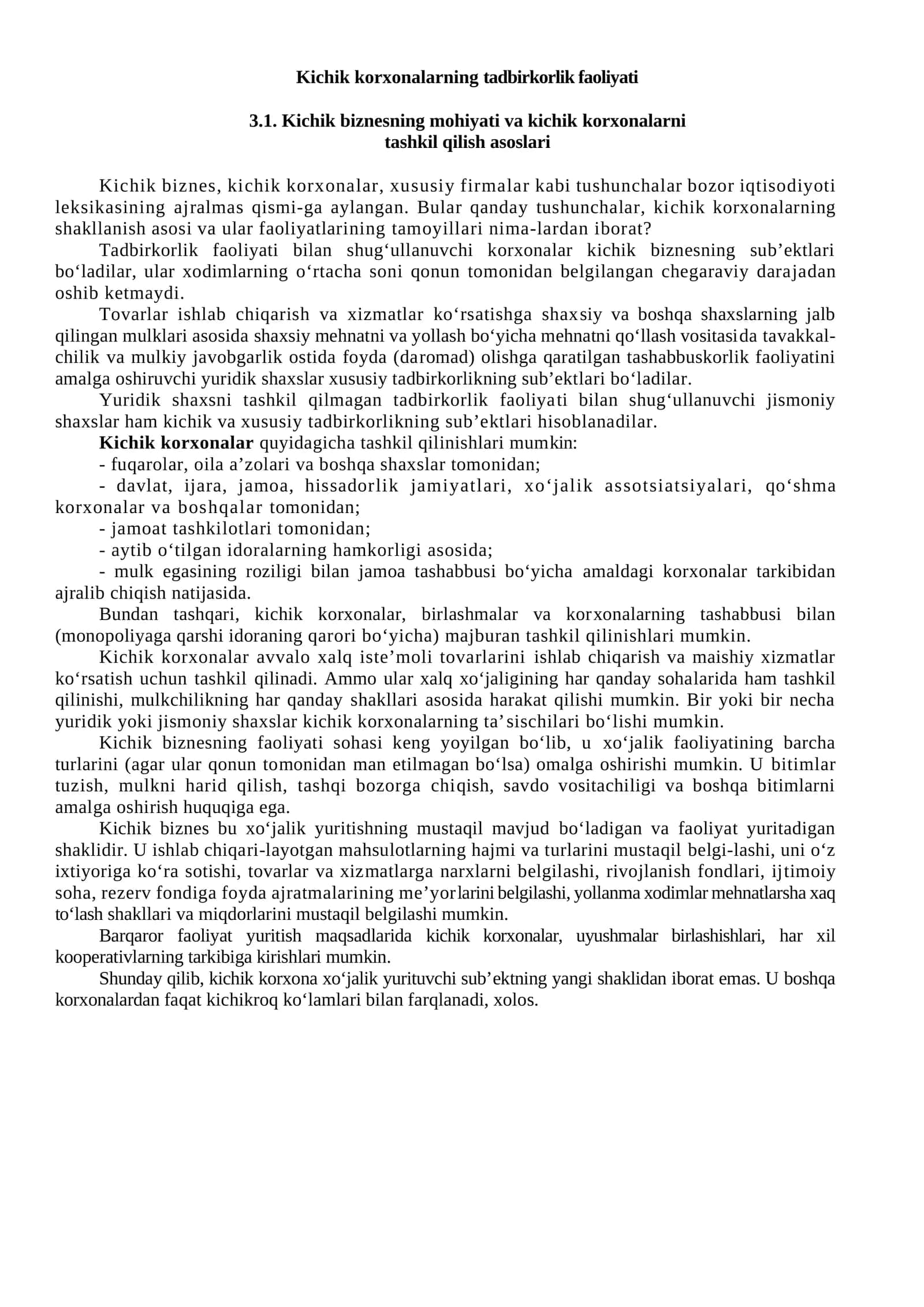 Kichik korxonalarning tadbirkorlik faoliyati 1