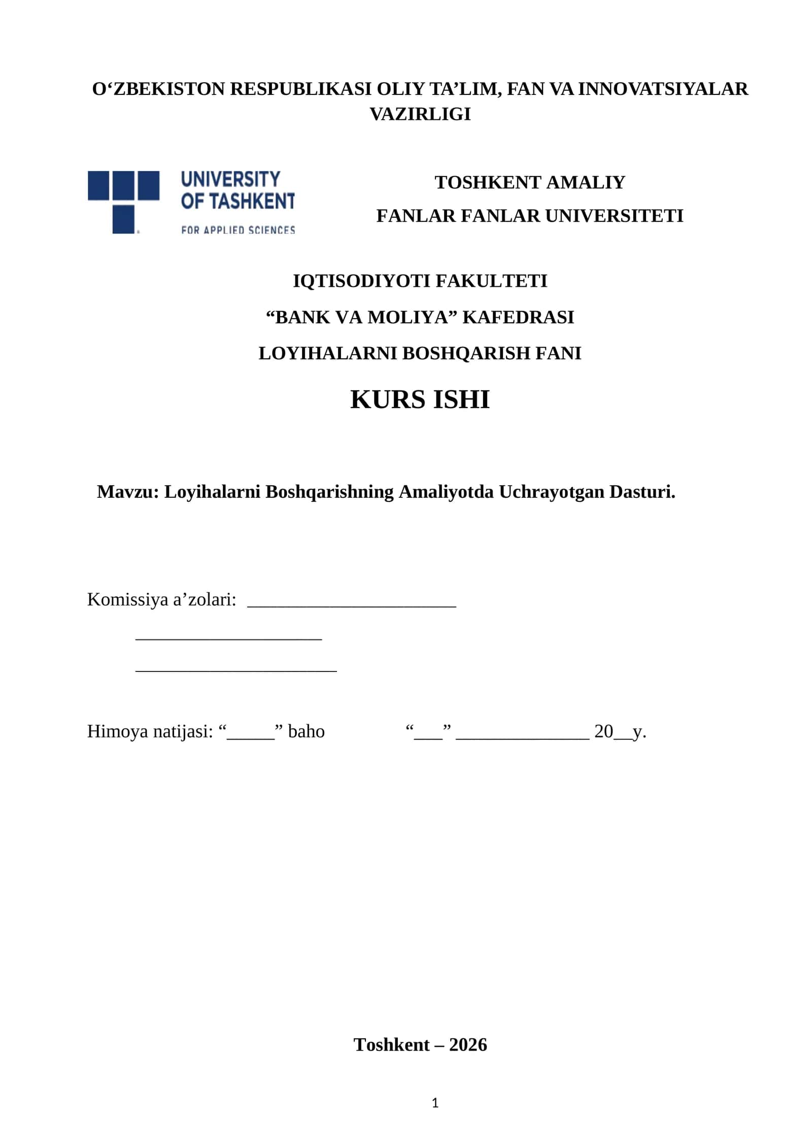 Loyihalarni Boshqarishning Amaliyotda Uchrayotgan Dasturi 1