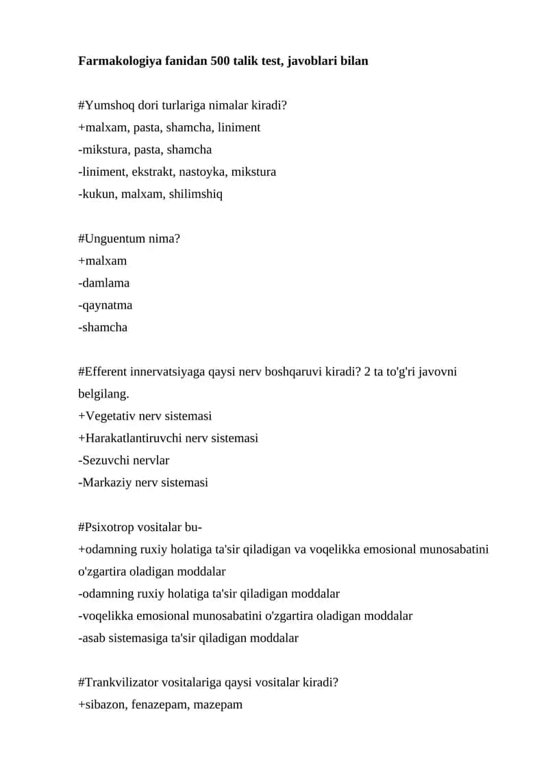 Farmakologiya fanidan 500 talik test, javoblari bilan 1