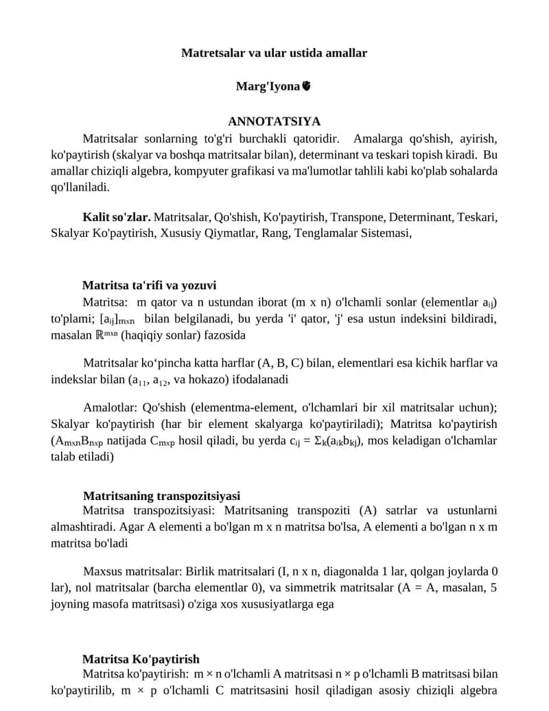 Matritsalar va ular ustida amallar 1