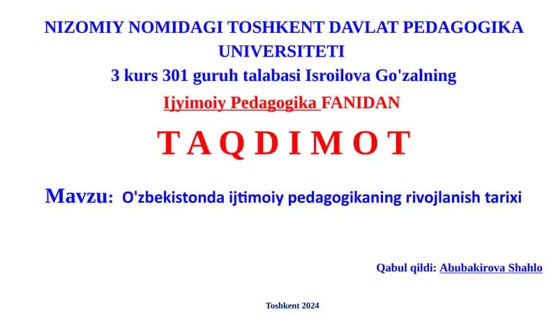 O'zbekistonda ijtimoiy pedagogikaning rivojlanish tarixi 1