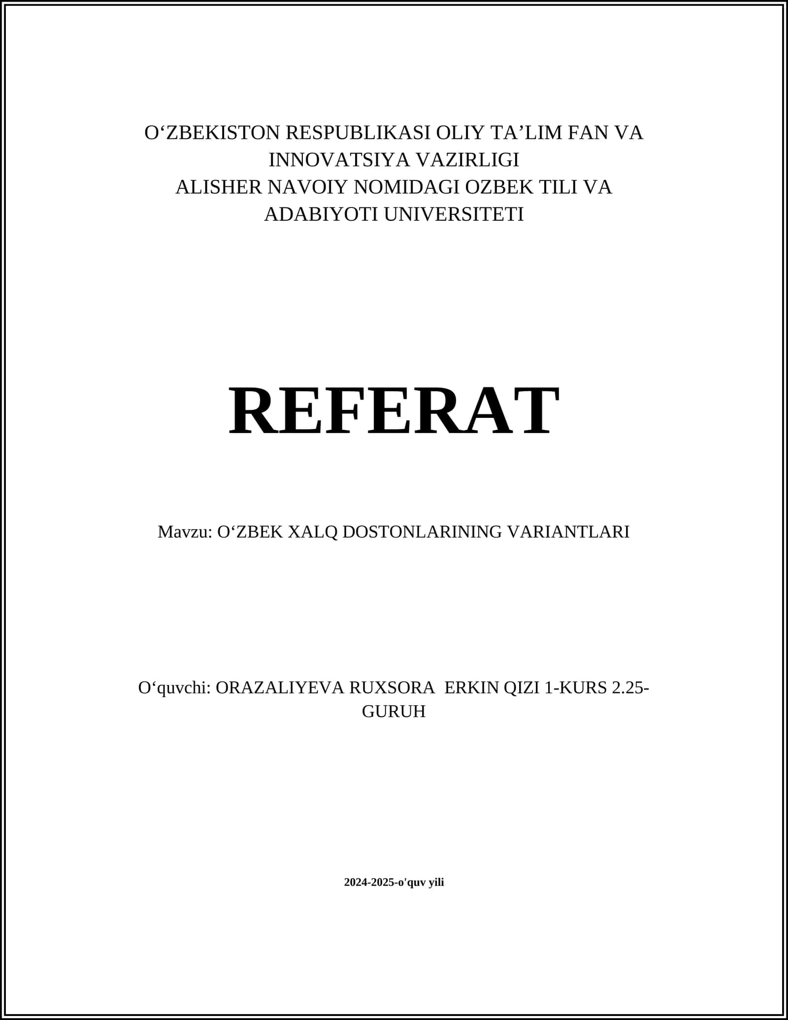 OʻZBEK XALQ DOSTONLARINING VARIANTLARI 1