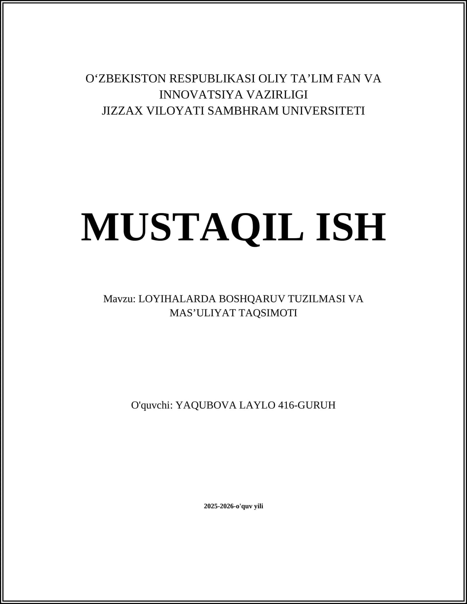 LOYIHALARDA BOSHQARUV TUZILMASI VA MASʼULIYAT TAQSIMOTI 1
