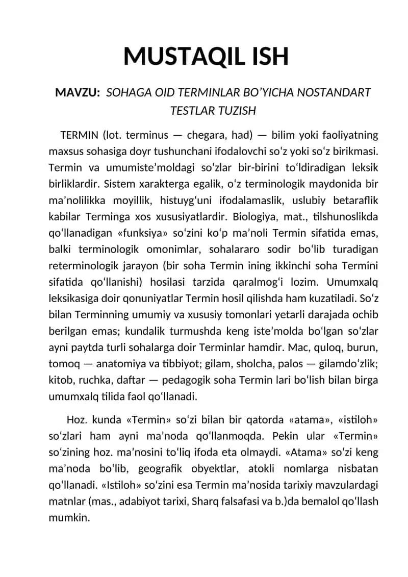 SOHAGA OID TERMINLAR BO’YICHA NOSTANDART TESTLAR TUZISH 1
