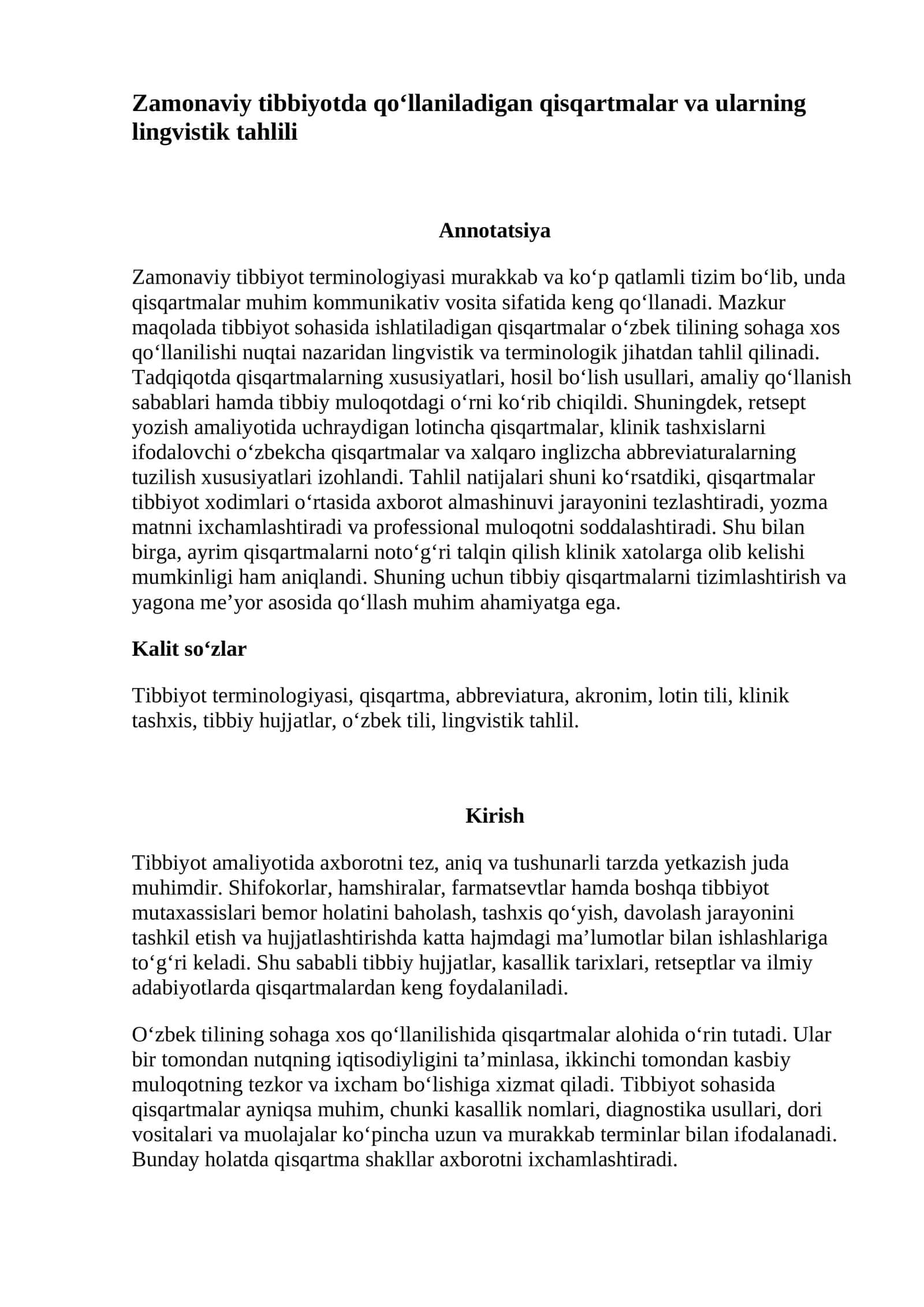 Zamonaviy tibbiyotda qo‘llaniladigan qisqartmalar va ularning lingvistik tahlili 1