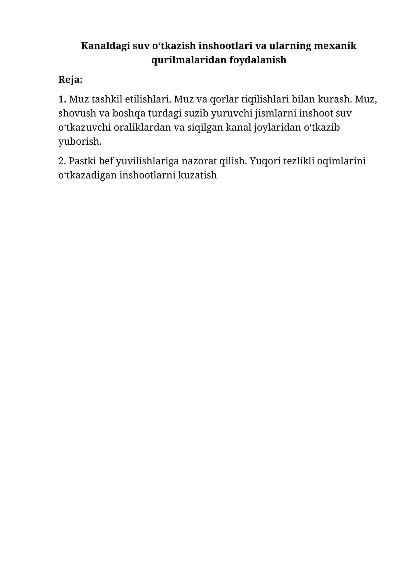Kanaldagi suv o‘tkazish inshootlari va ularning mexanik qurilmalaridan foydalanish 1