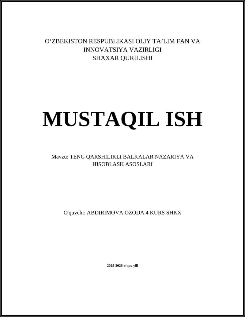 Teng Qarshilikli Balkalar Nazariya va Hisoblash Asoslari 1