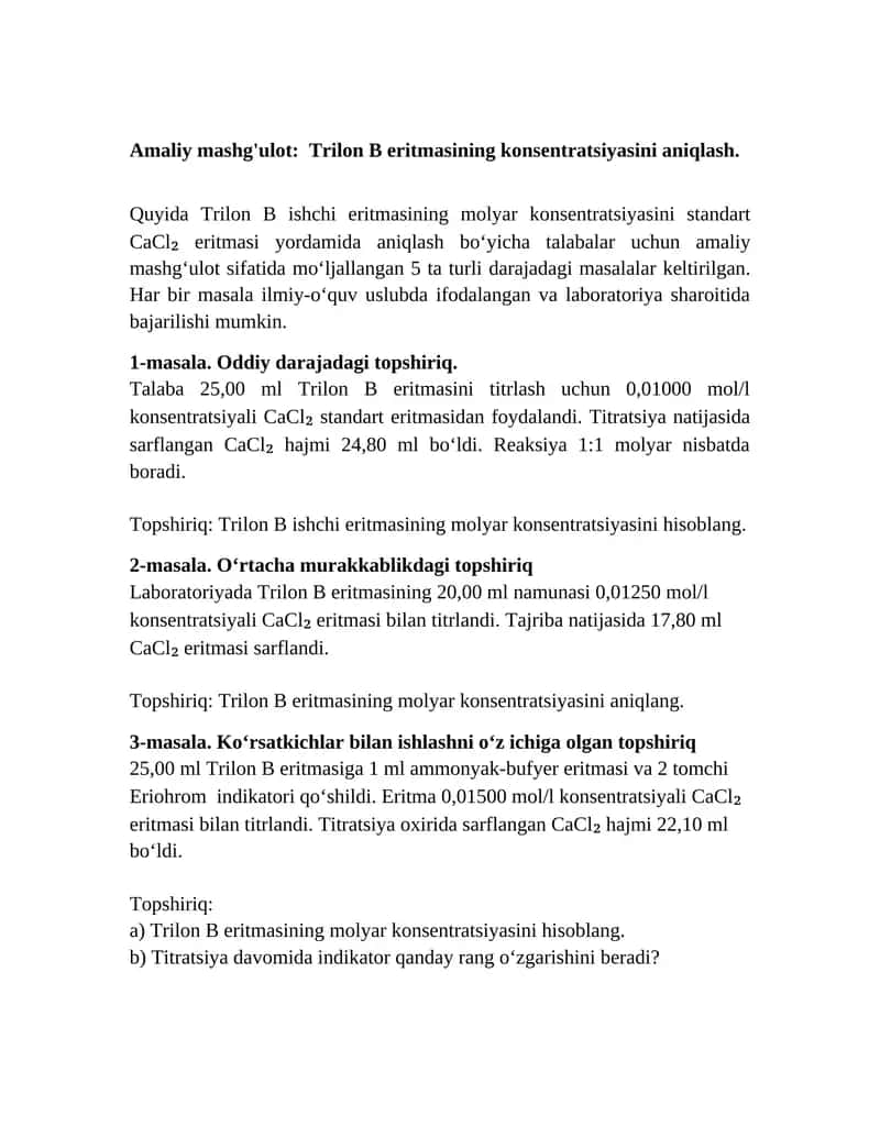 Trilon B eritmasining konsentratsiyasini aniqlash 1