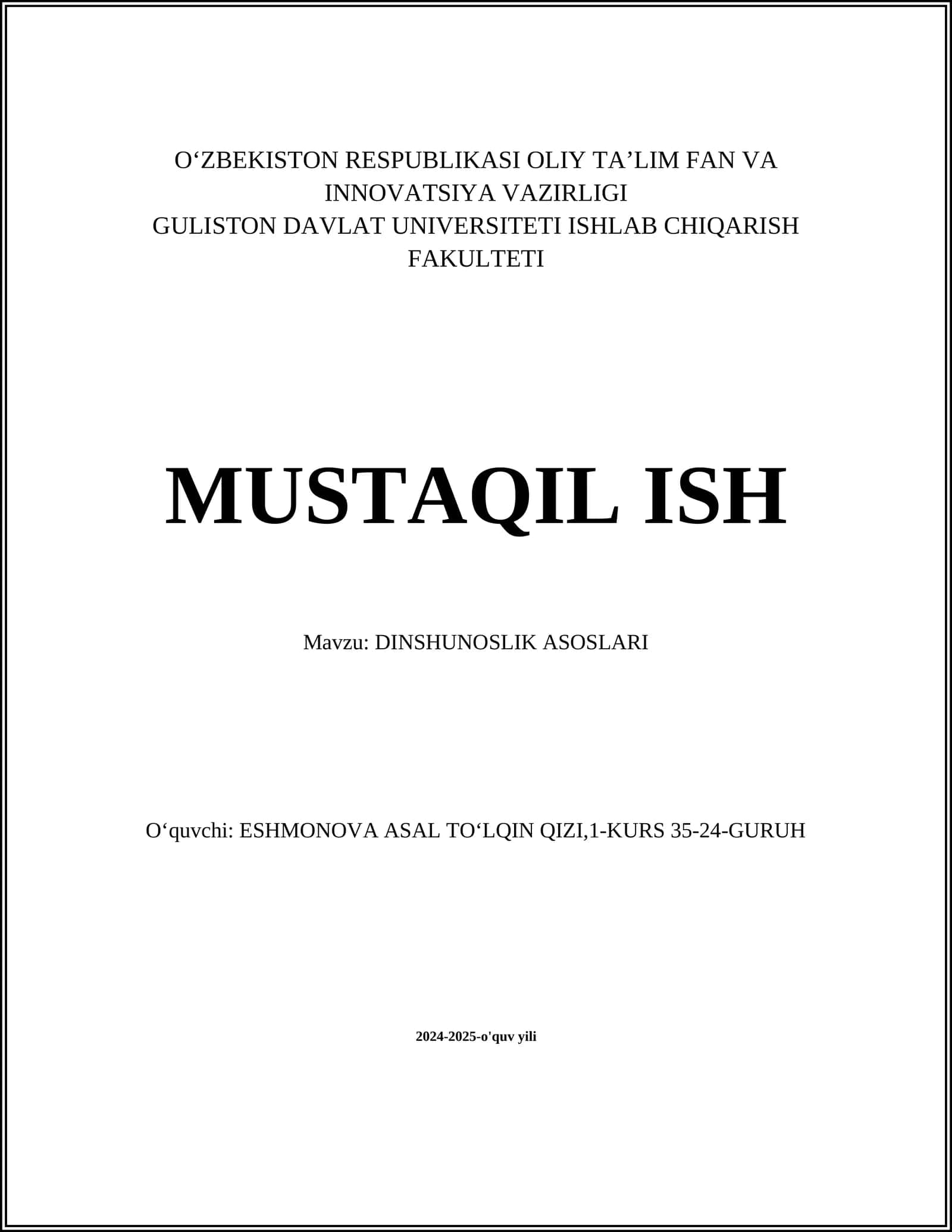 DINSHUNOSLIK ASOSLARI 1