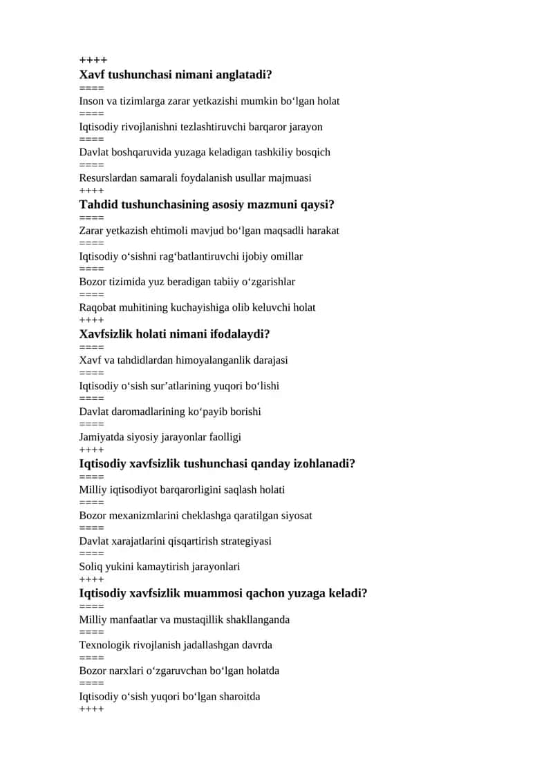 Iqtisodiy xavfsizlik fanidan yakuniy nazorat uchun test savollari 1