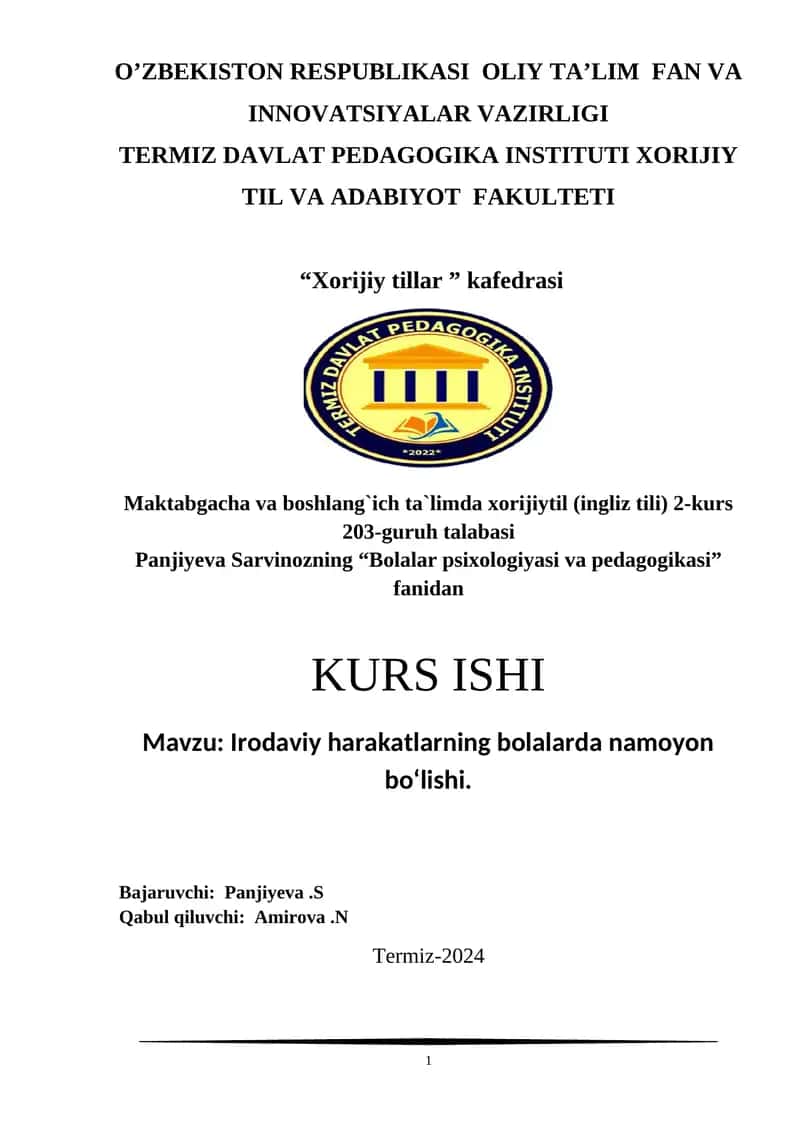 Irodaviy harakatlarning bolalarda namoyon boʻlishi 1