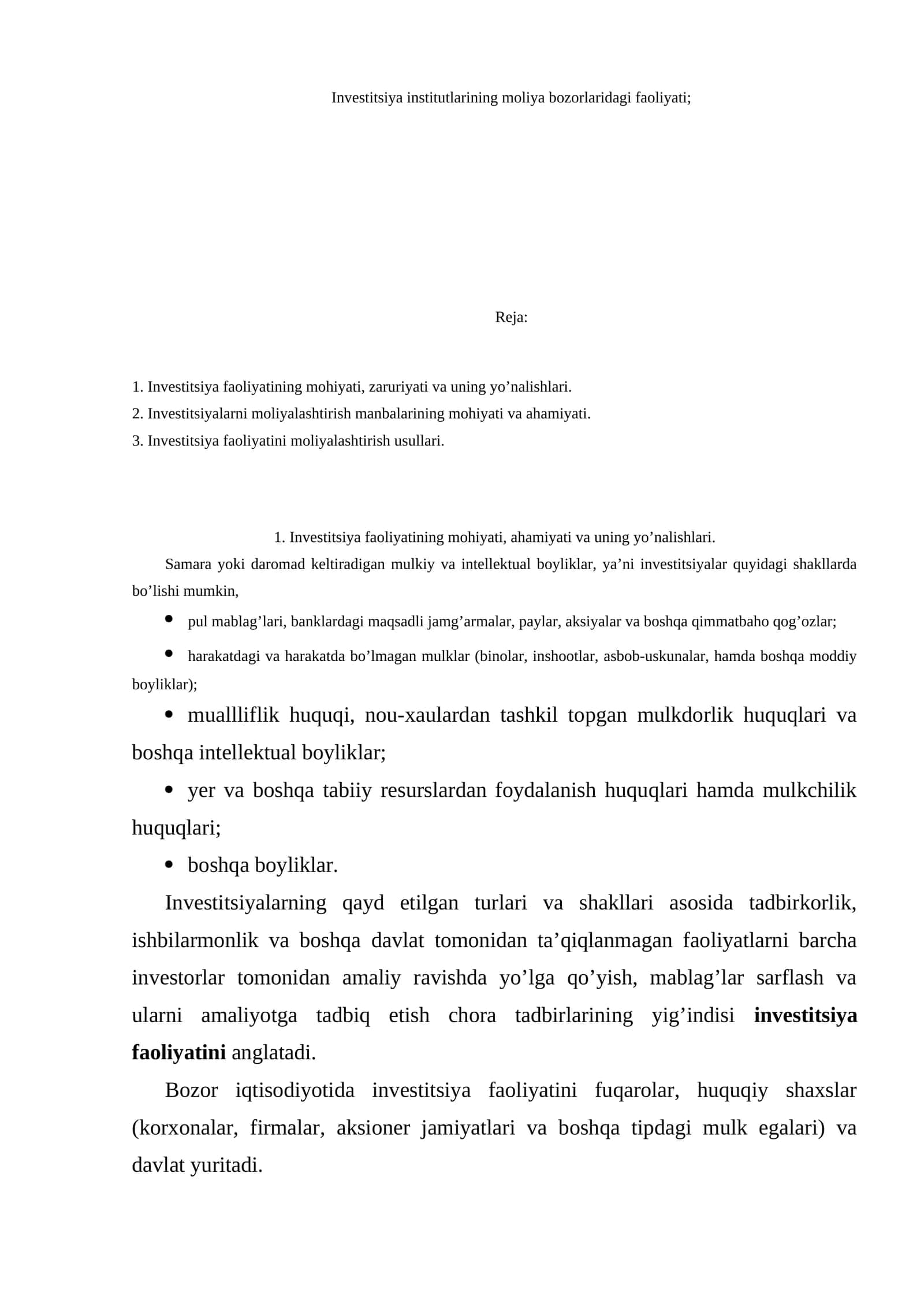 Investitsiya institutlarining moliya bozorlaridagi faoliyati 1