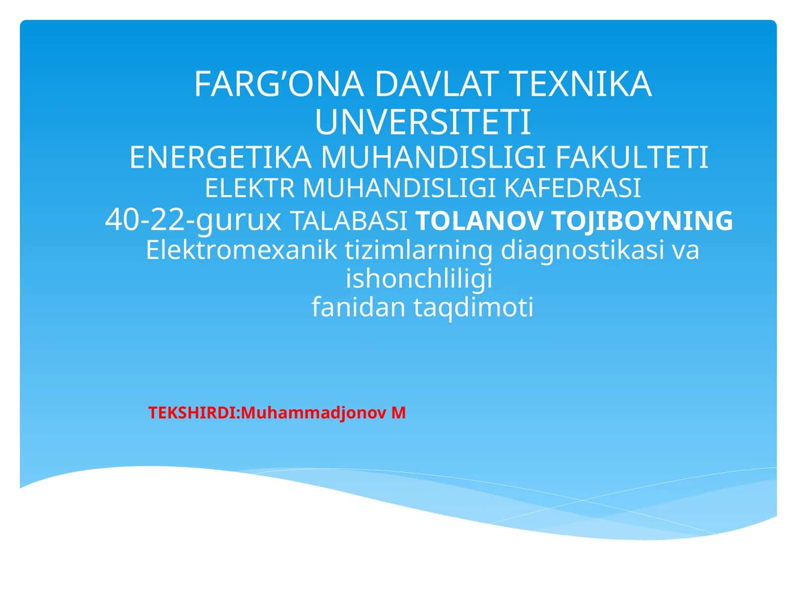 Elektromexanik tizimlarning diagnostikasi va ishonchliligi 1