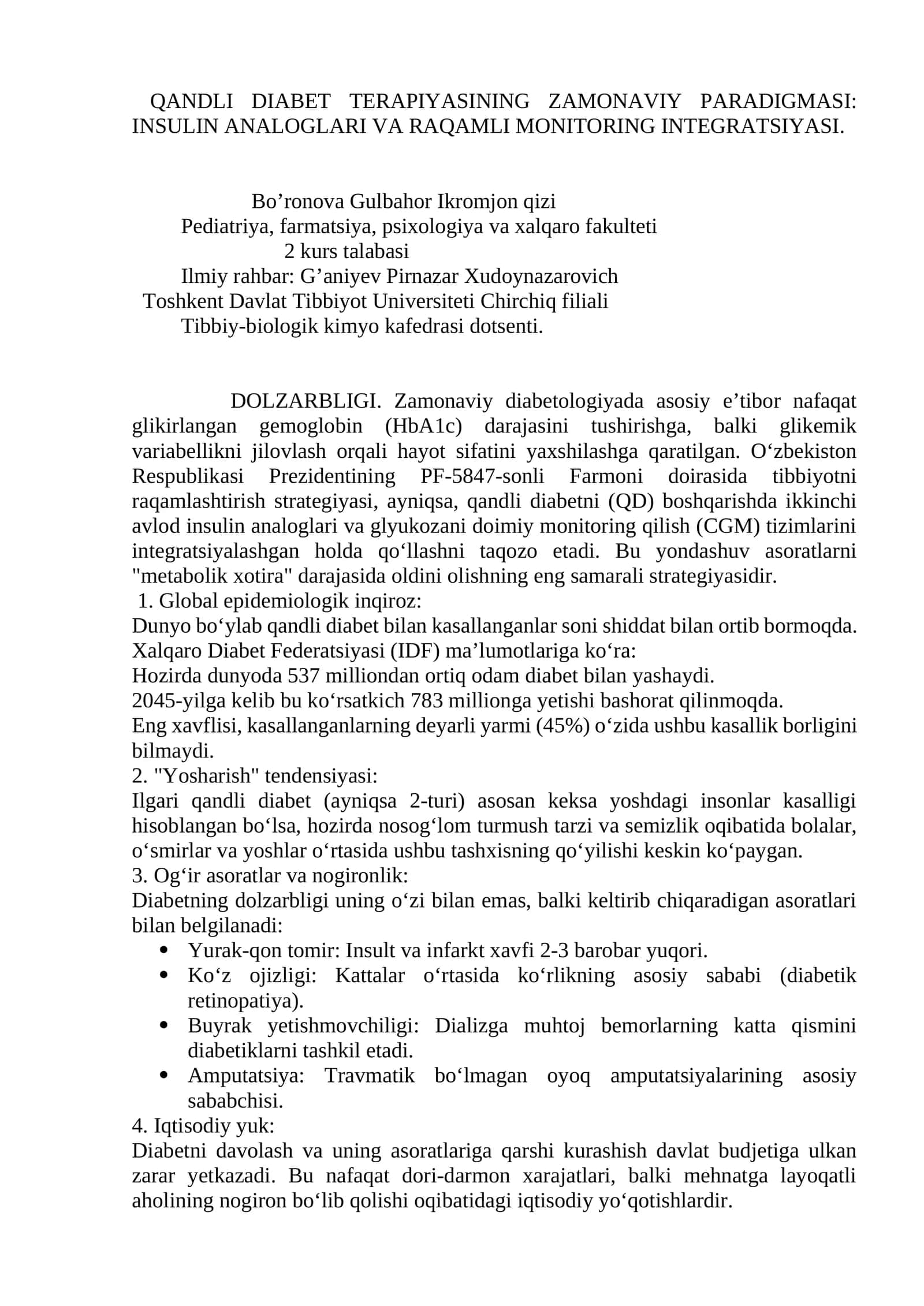QANDLI DIABET TERAPIYASINING ZAMONAVIY PARADIGMASI: INSULIN ANALOGLARI VA RAQAMLI MONITORING INTEGRATSIYASI 1