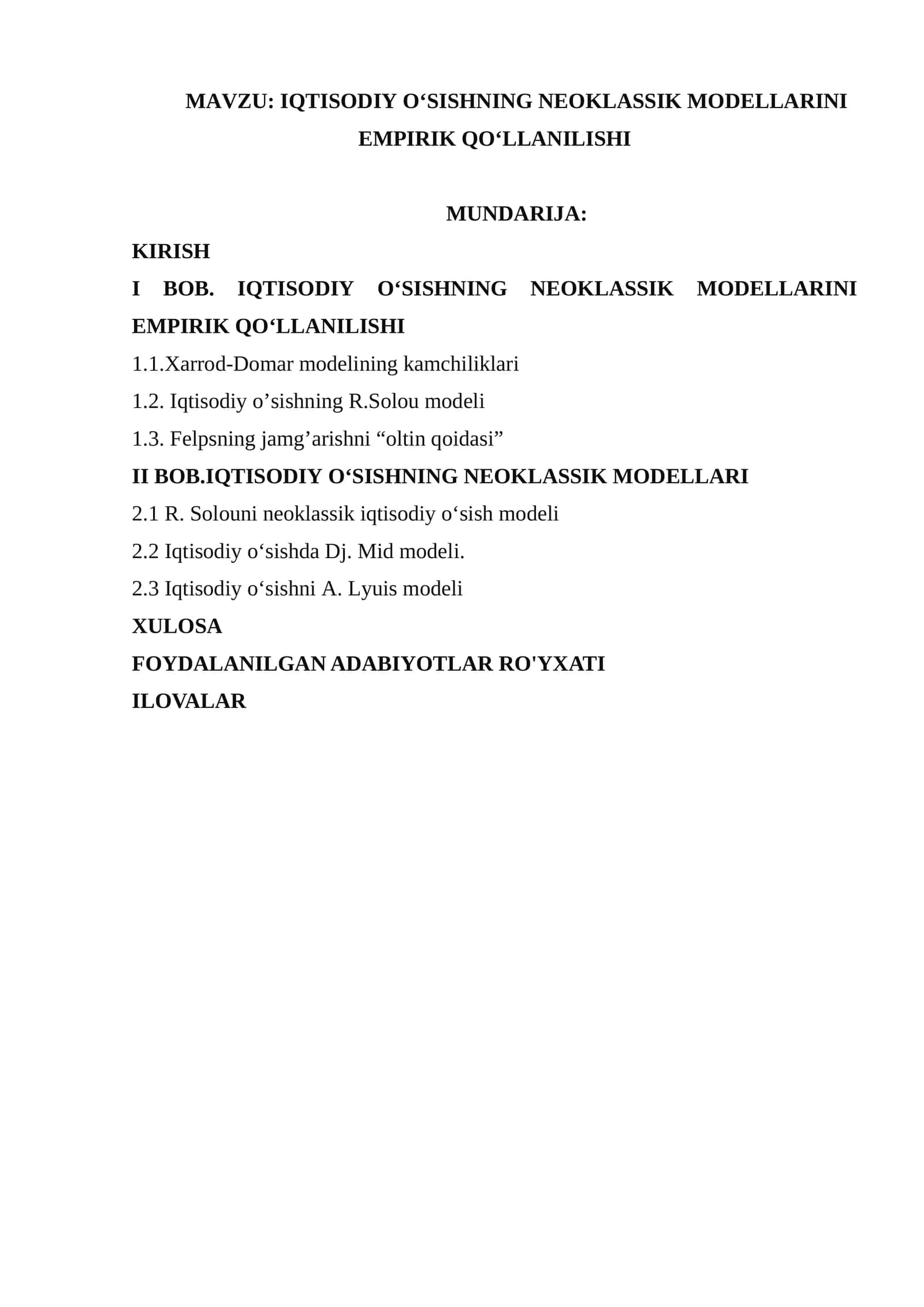 Iqtisodiy o‘sishning neoklassik modellarini empirik qo‘llanilishi 1