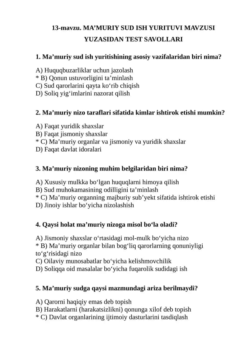 MA’MURIY SUD ISH YURITUVI MAVZUSI YUZASIDAN TEST SAVOLLARI 1