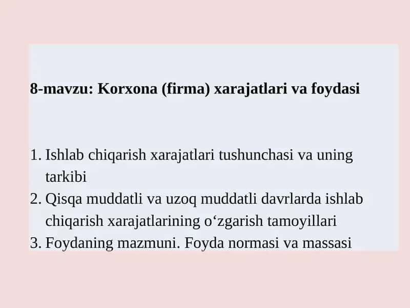 Korxona (firma) xarajatlari va foydasi 1