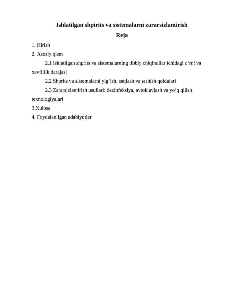 Ishlatilgan shpirits va sistemalarni zararsizlantirish 1