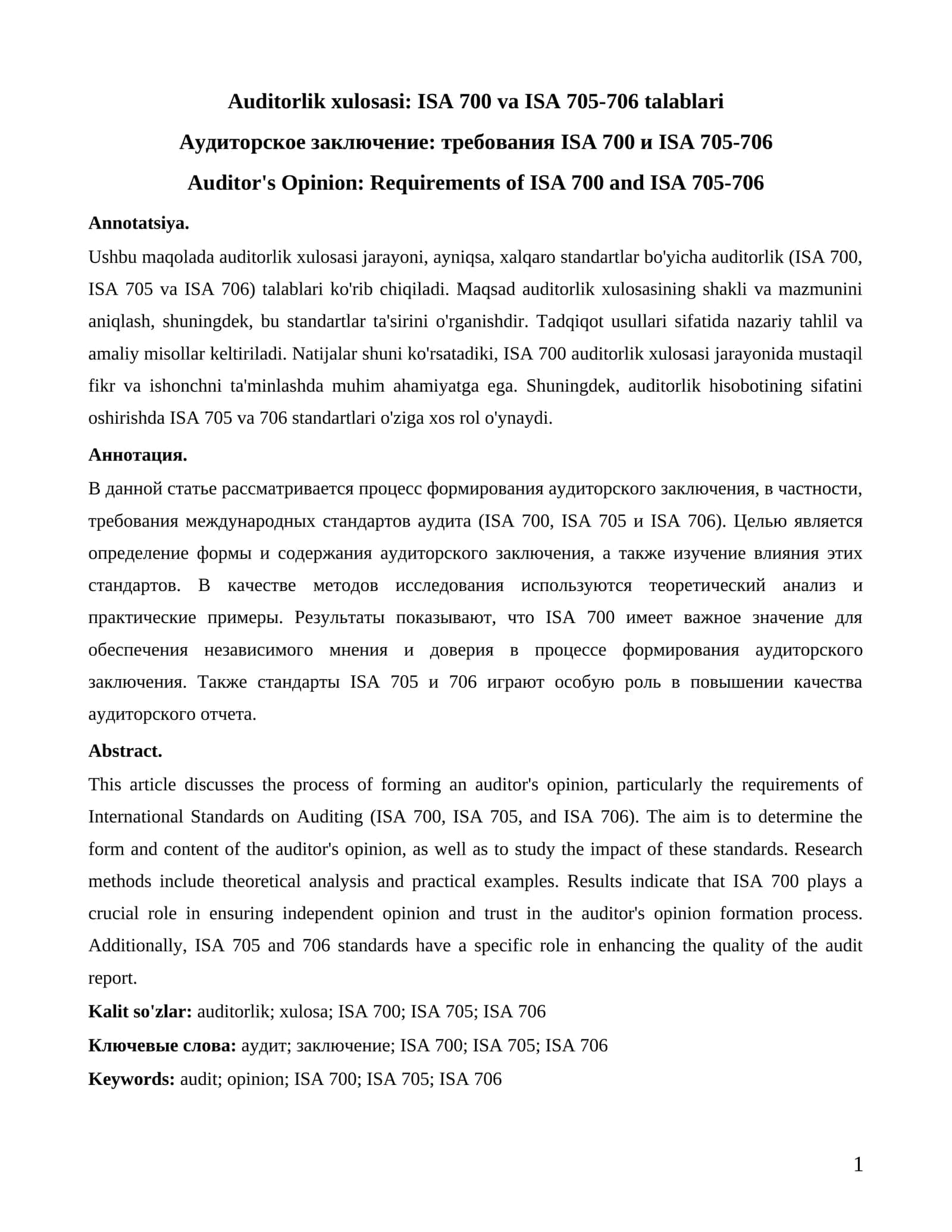 Auditorlik xulosasi: ISA 700 va ISA 705-706 talablari 1