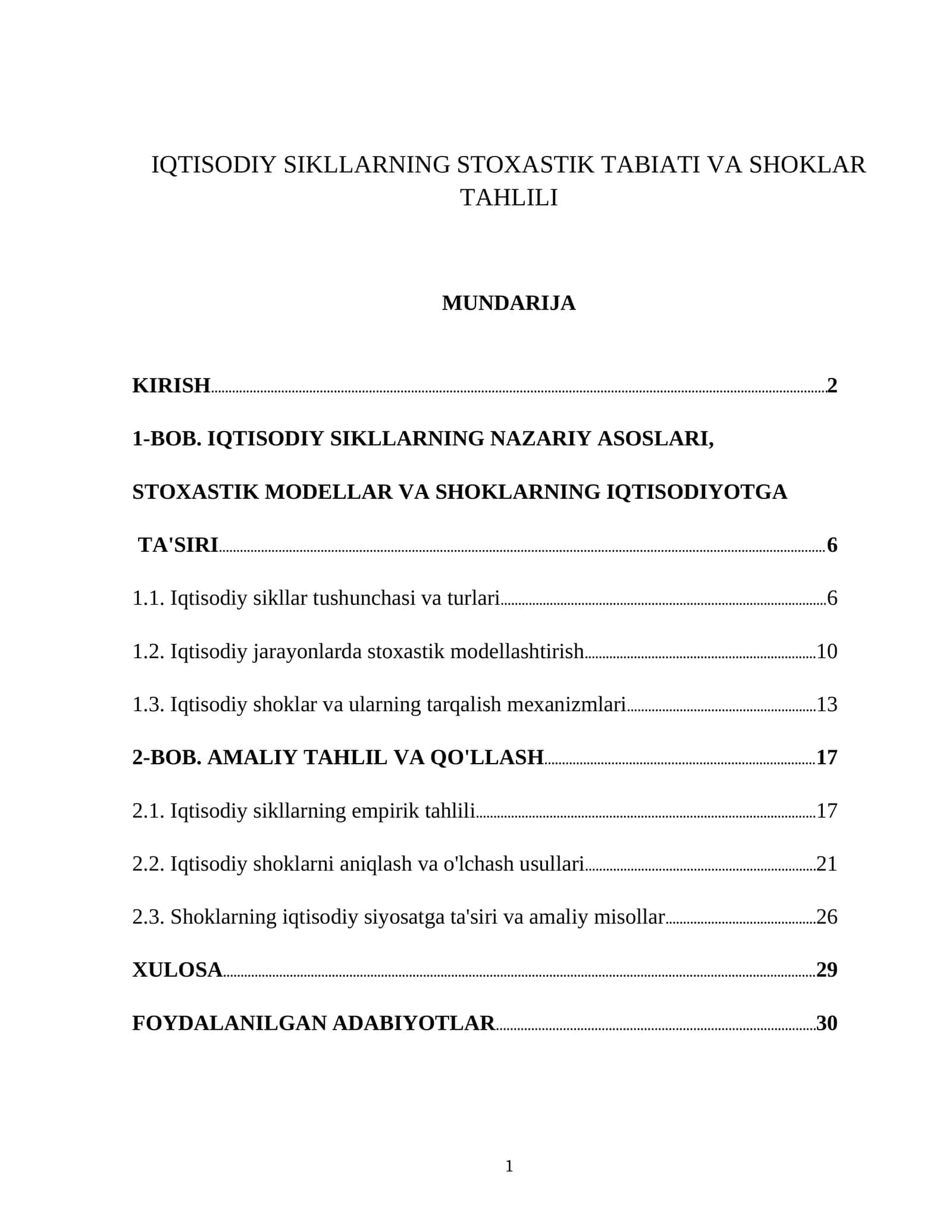 IQTISODIY SIKLLARNING STOXASTIK TABIATI VA SHOKLAR TAHLILI 1