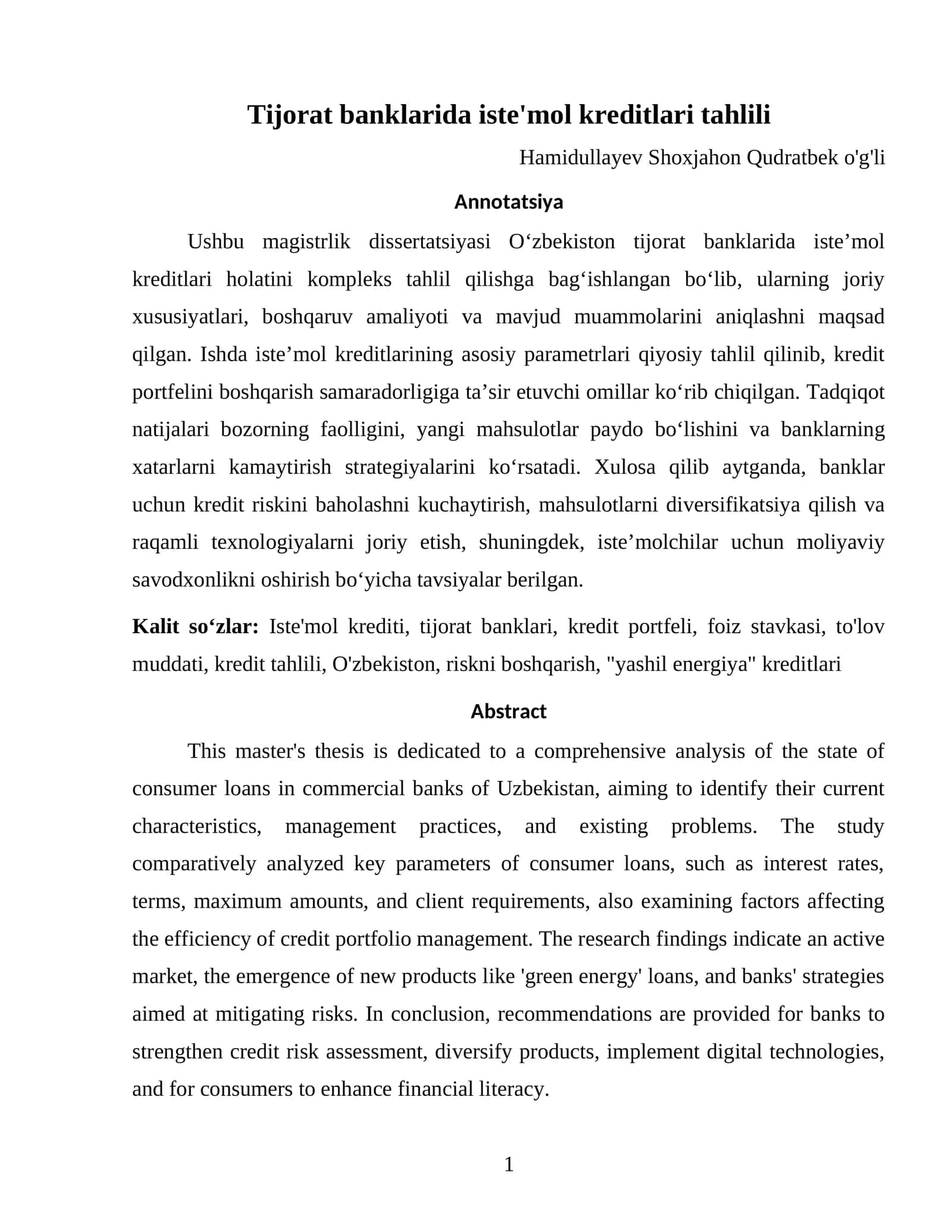 Tijorat banklarida iste'mol kreditlari tahlili 1