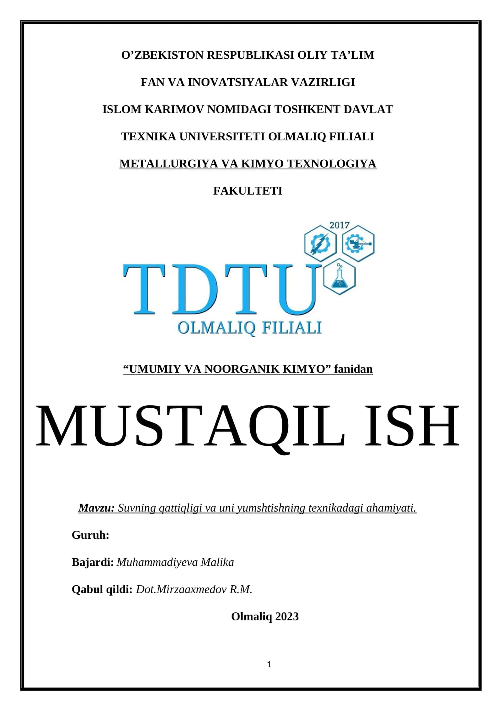 Umumiy va noorganik kimyo fanidan mustaqil ish 1