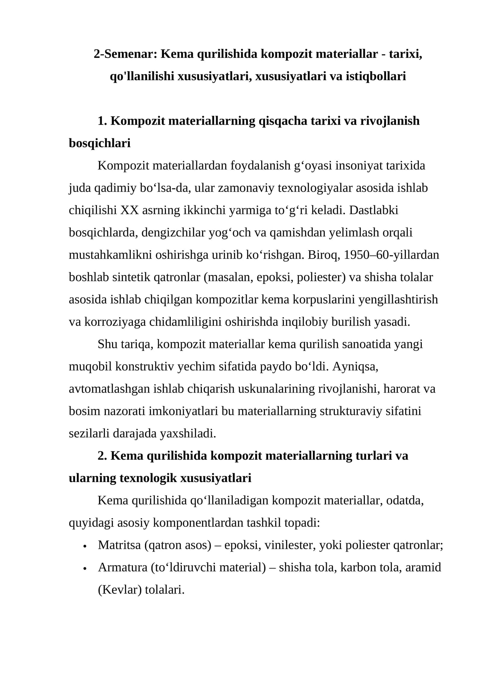 Semenar: Kema qurilishida kompozit materiallar - tarixi, qo'llanilishi xususiyatlari, xususiyatlari va istiqbollari 1