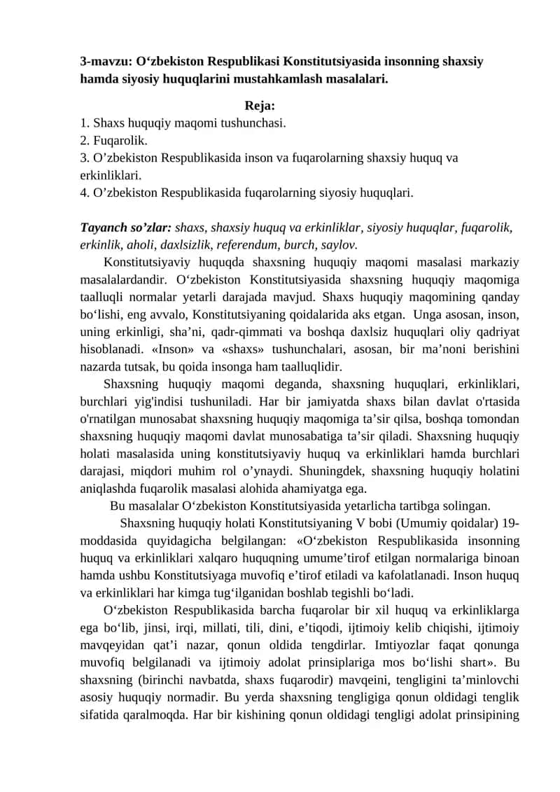 O‘zbekiston Respublikasi Konstitutsiyasida Insonning Shaxsiy va Siyosiy Huquqlari 1