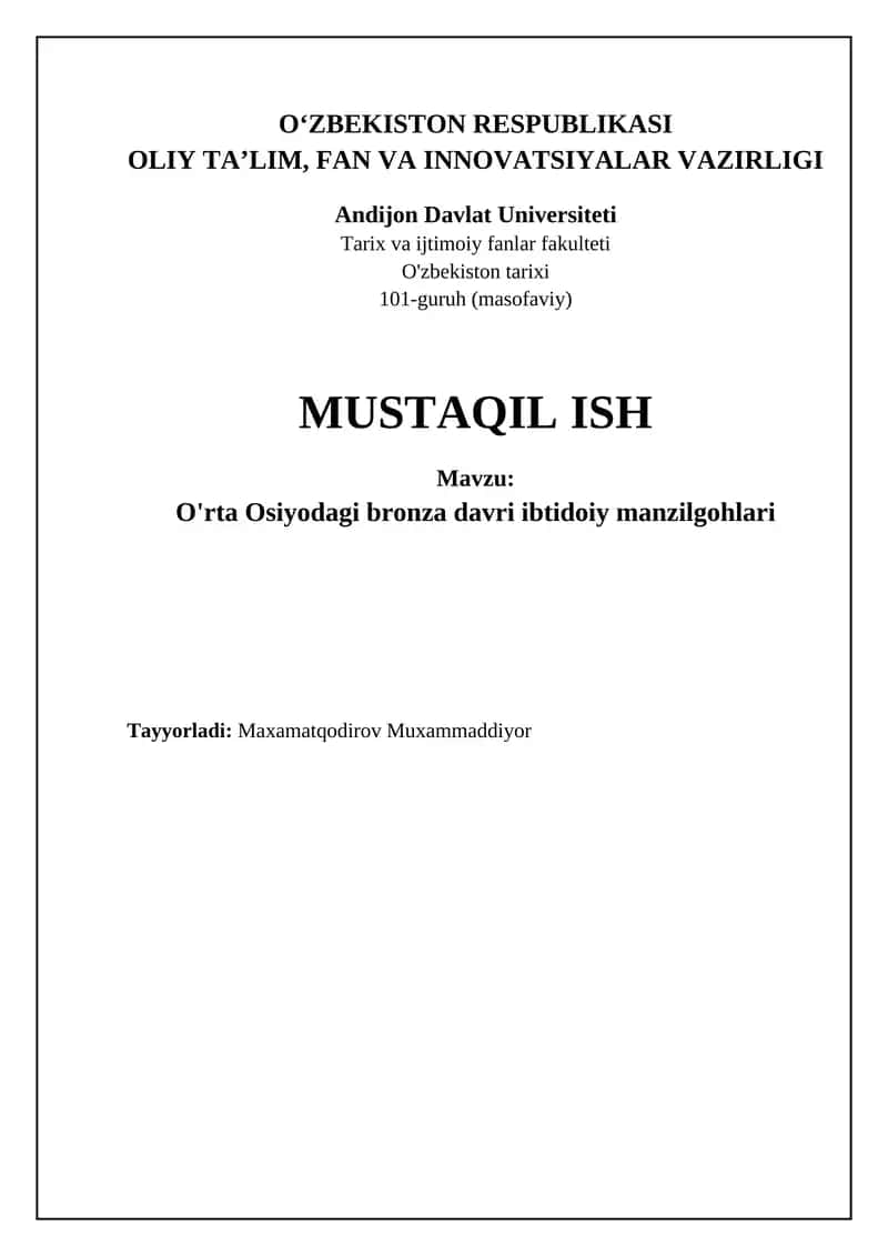 O'rta Osiyodagi bronza davri ibtidoiy manzilgohlari 1