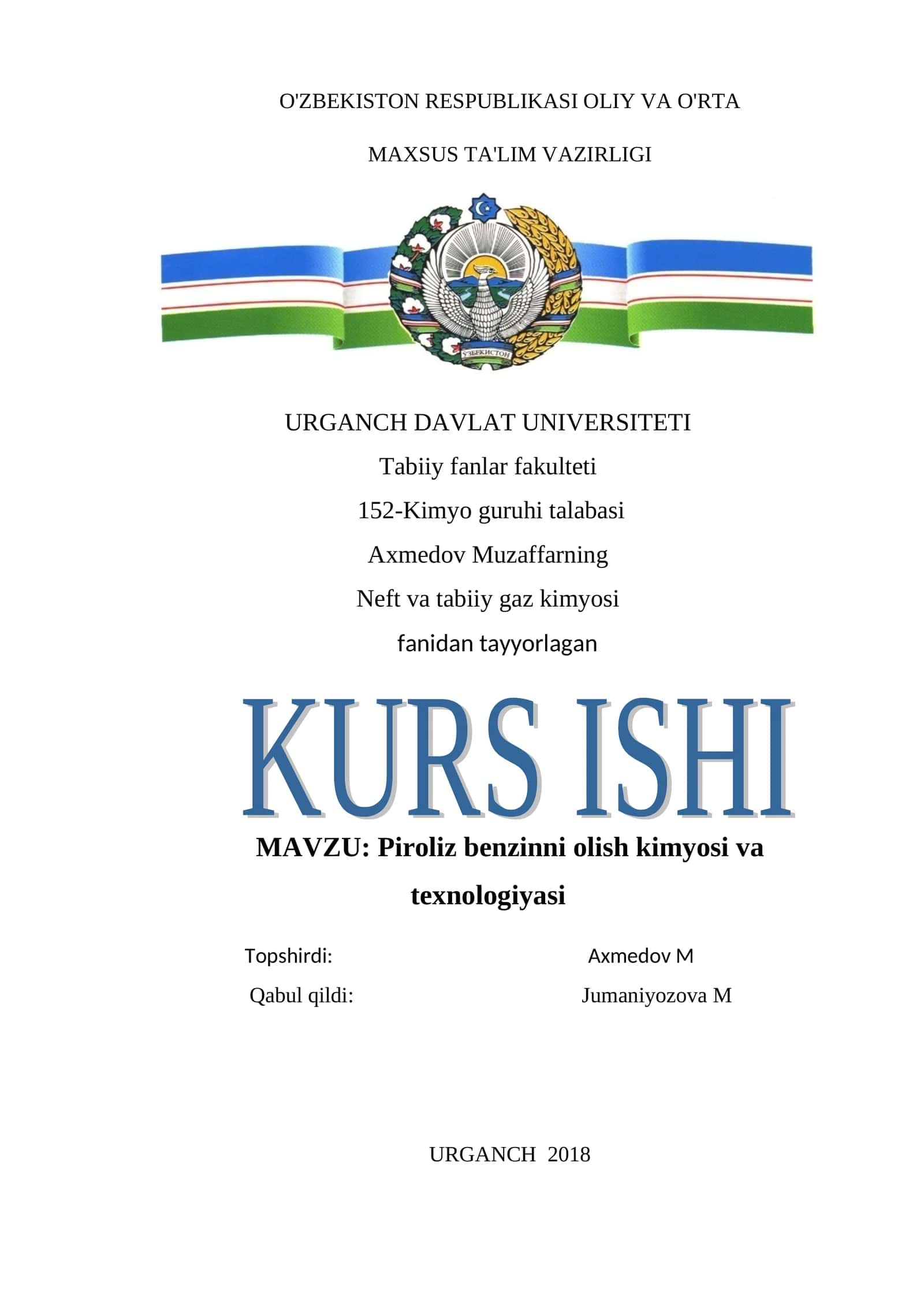 Piroliz benzinni olish kimyosi va texnologiyasi 1