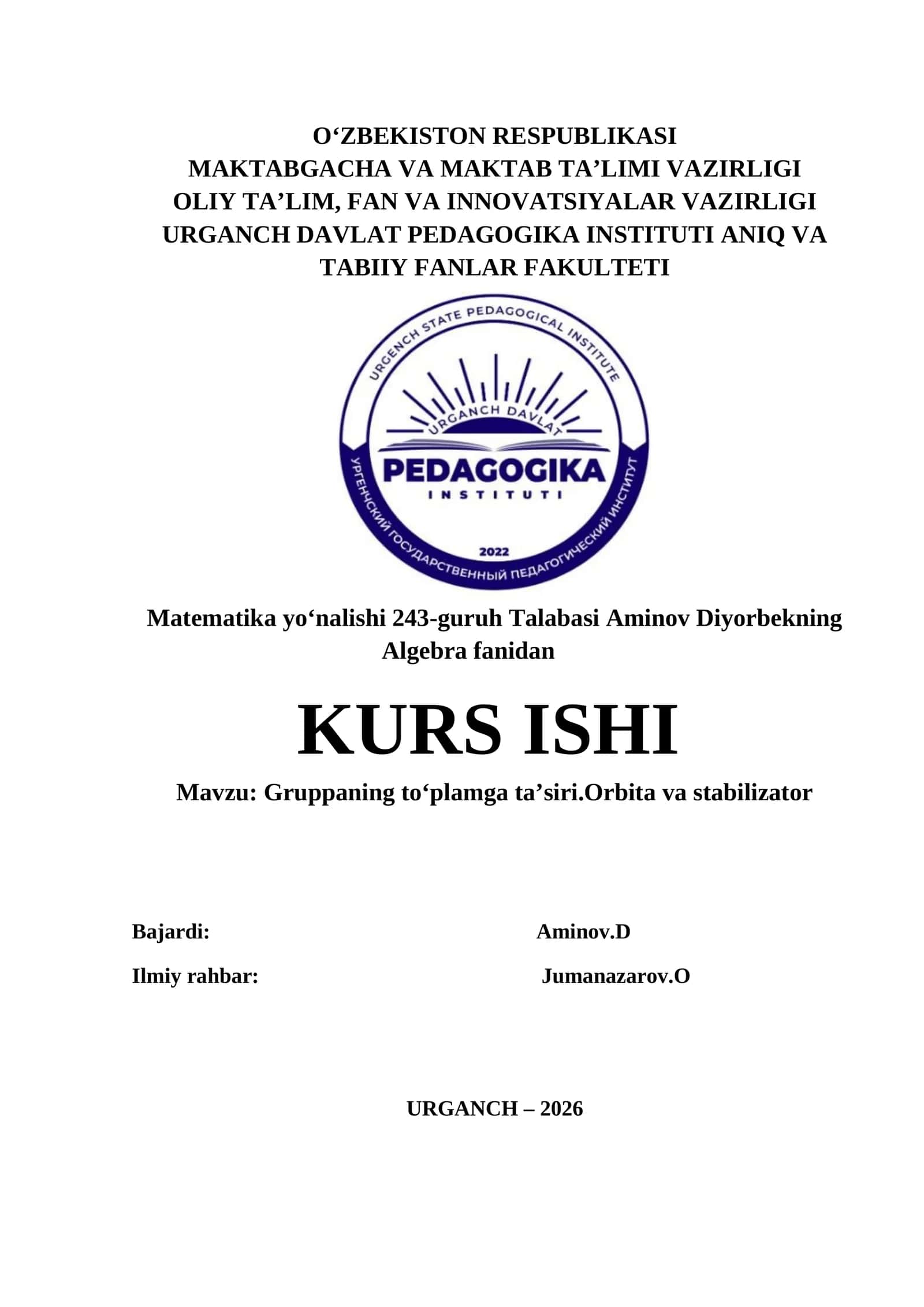 Gruppaning toʻplamga taʼsiri. Orbita va stabilizator 1