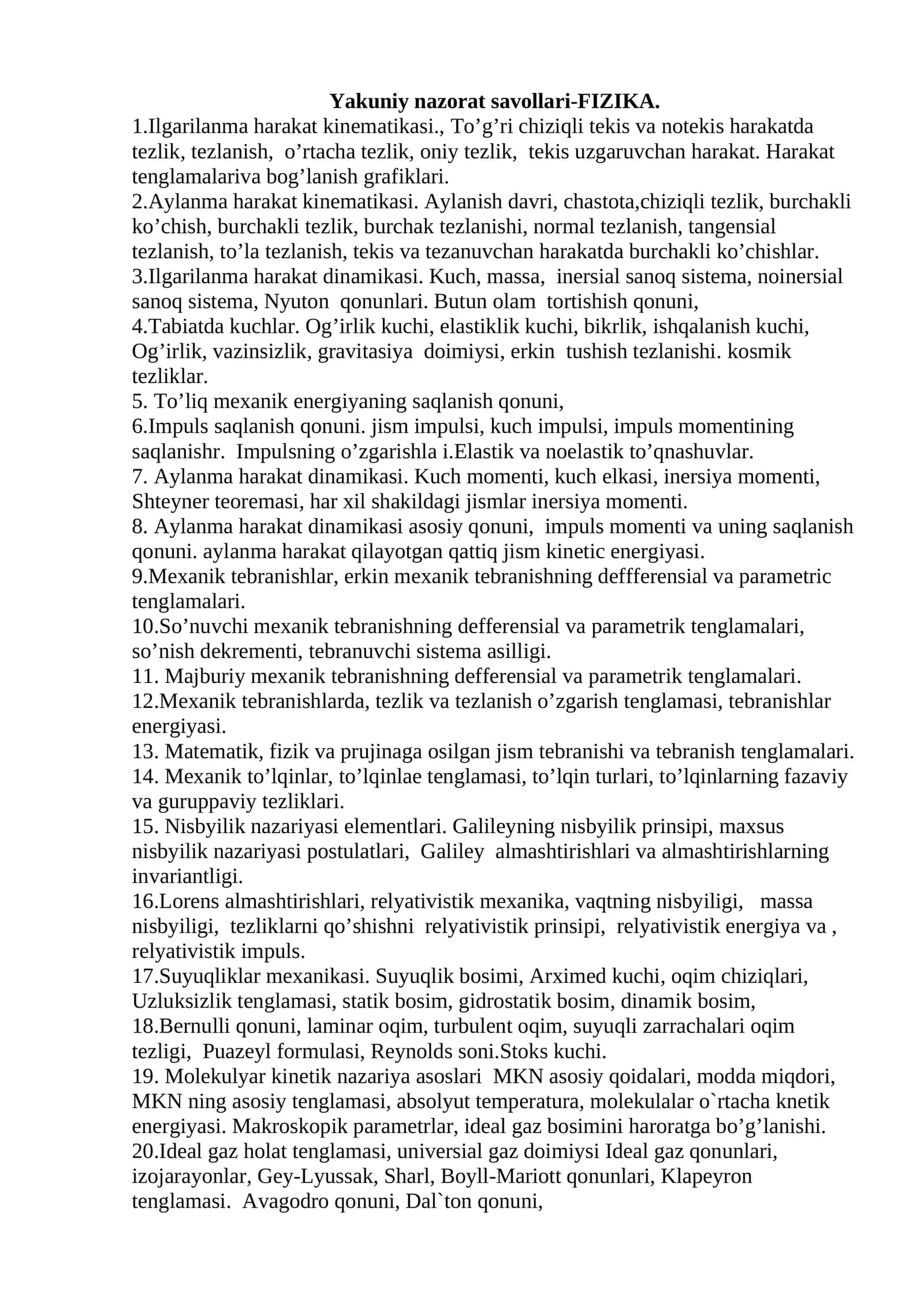 Yakuniy nazorat savollari-FIZIKA 1