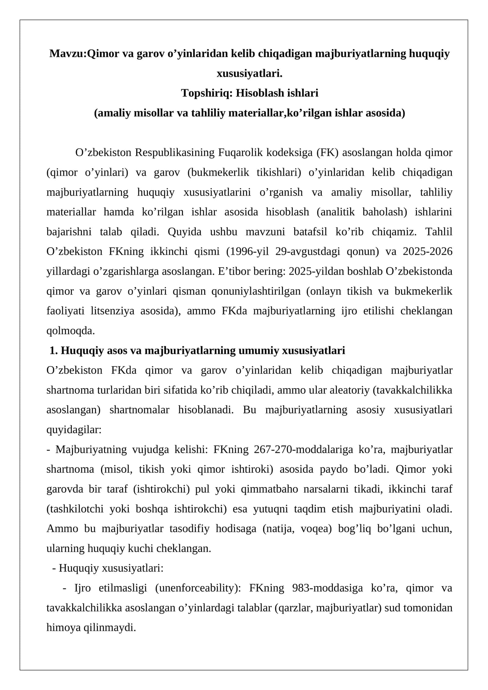 Qimor va garov o’yinlaridan kelib chiqadigan majburiyatlarning huquqiy xususiyatlari 1