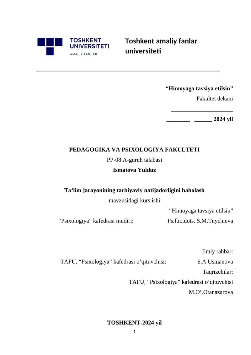 Ta‘lim jarayonining tarbiyaviy natijadorligini baholash 1