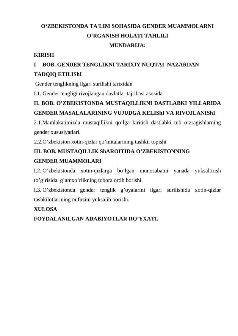 OʻZBEKISTONDA TA'LIM SOHASIDA GENDER MUAMMOLARNI OʻRGANISH HOLATI TAHLILI 1