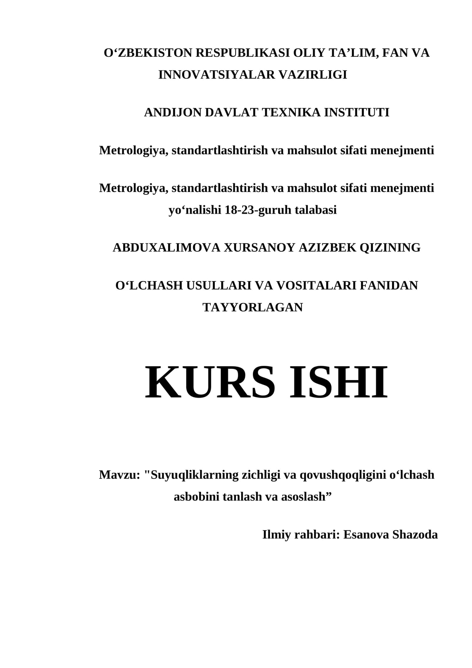 OʻLCHASH USULLARI VA VOSITALARI FANIDAN TAYYORLAGAN KURS ISHI 1