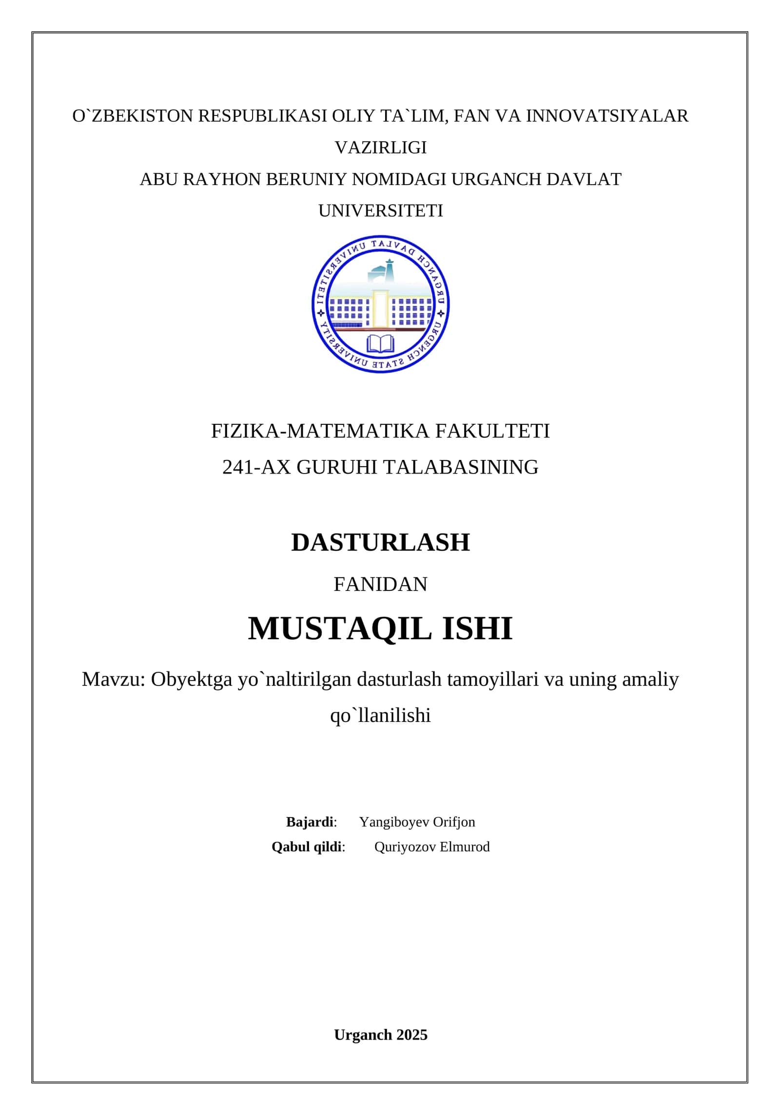Obyektga yo`naltirilgan dasturlash tamoyillari va uning amaliy qo`llanilishi 1