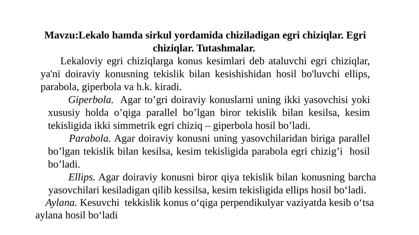 Lekalo hamda sirkul yordamida chiziladigan egri chiziqlar. Egri chiziqlar. Tutashmalar 1