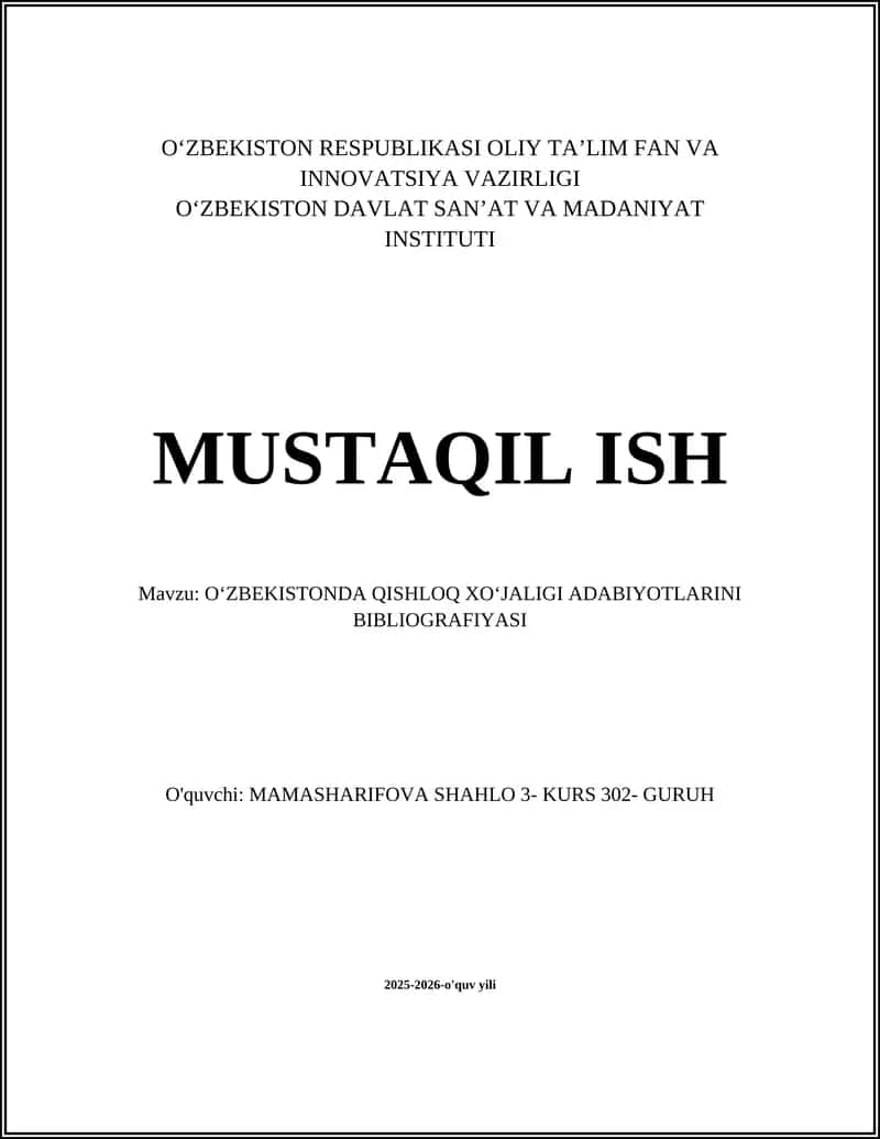 OʻZBEKISTONDA QISHLOQ XOʻJALIGI ADABIYOTLARINI BIBLIOGRAFIYASI 1