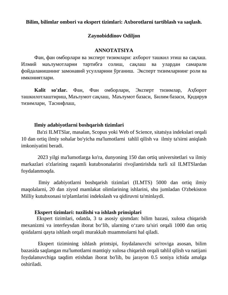 Ekspert tizimlari va ilmiy adabiyotlar boshqarish 1