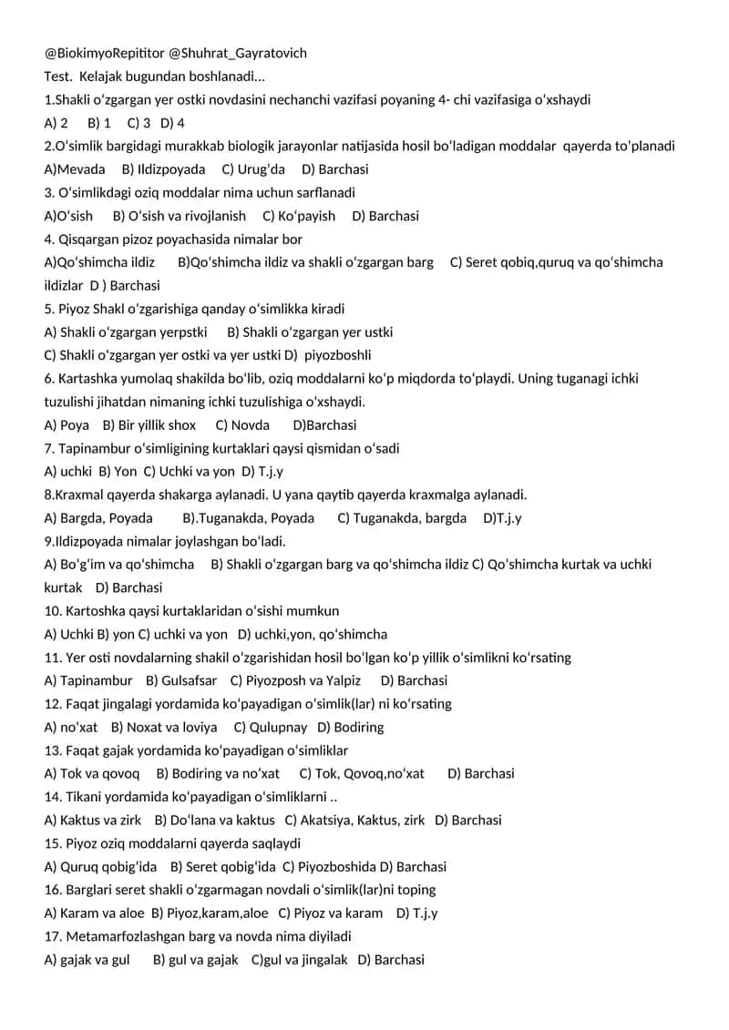 Testning biologiya fanidan topshiriqlar 1