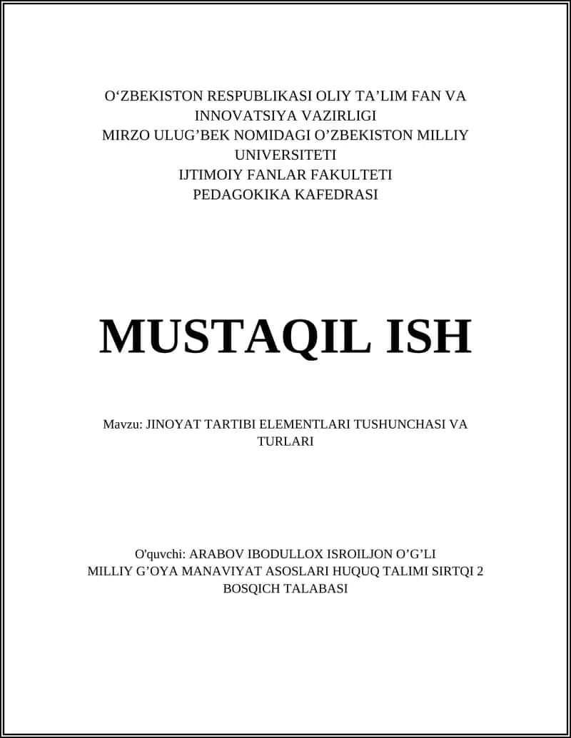 JINOYAT TARTIBI ELEMENTLARI TUSHUNCHASI VA TURLARI 1