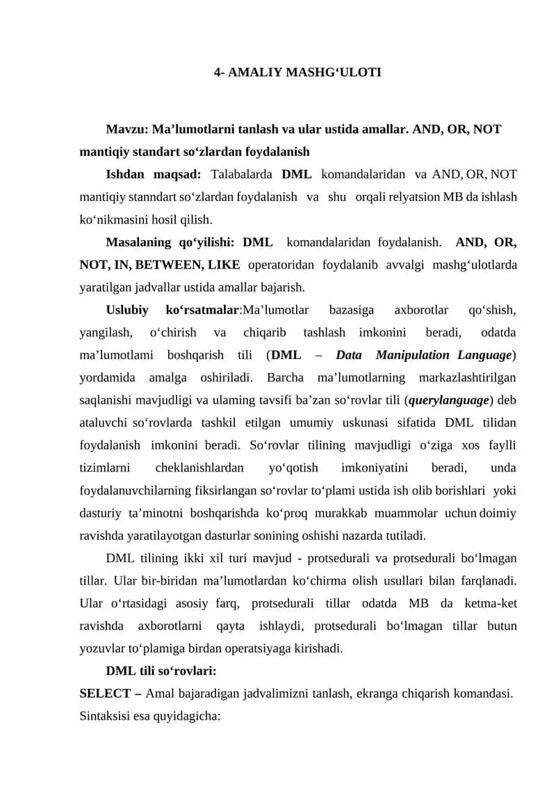 Maʼlumotlar bazasida and,or,not amallarida ishlash 1