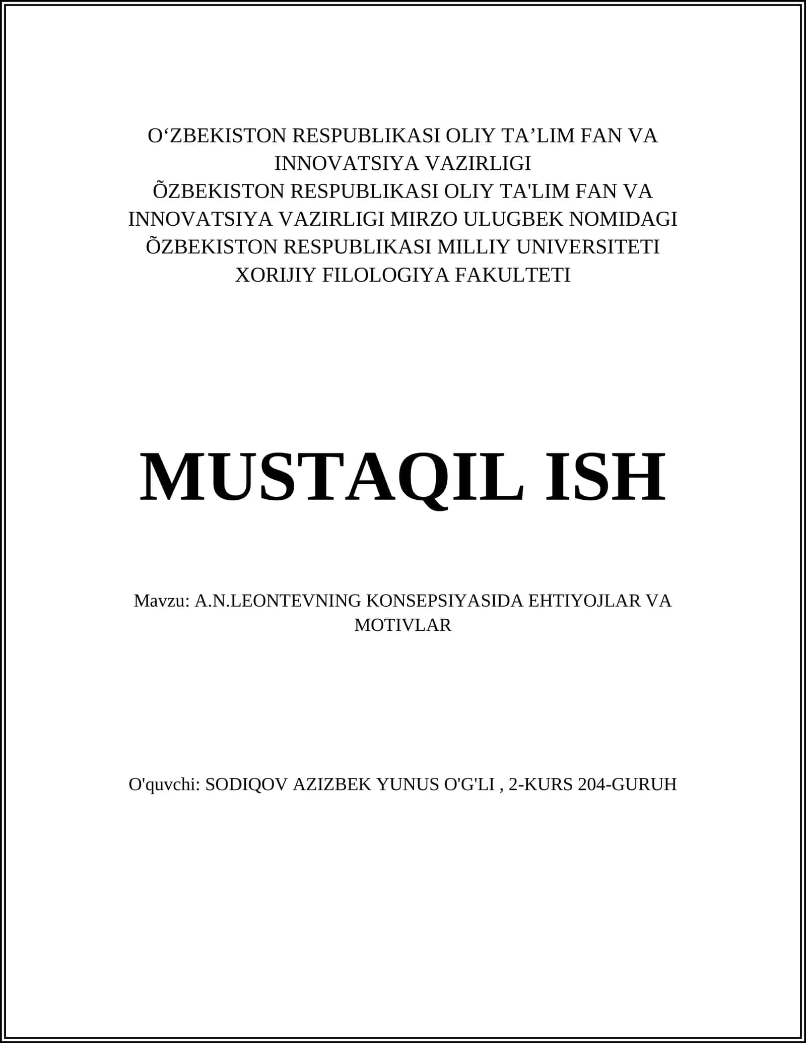 A.N.LEONTEVNING KONSEPSIYASIDA EHTIYOJLAR VA MOTIVLAR 1
