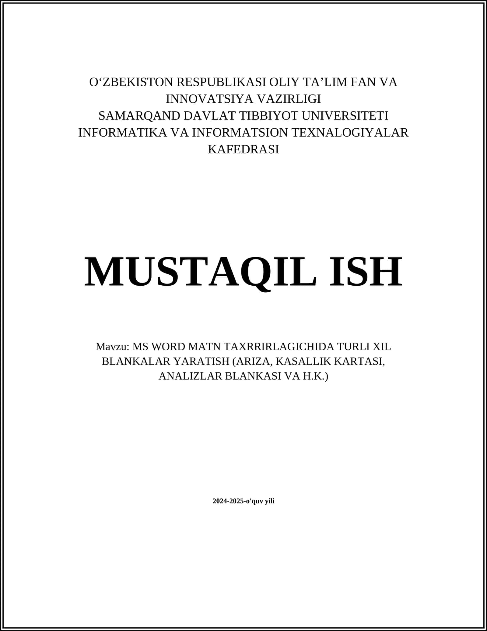 MS WORD MATN TAXRRIRLAGICHIDA TURLI XIL BLANKALAR YARATISH (ARIZA, KASALLIK KARTASI, ANALIZLAR BLANKASI VA H.K.) 1