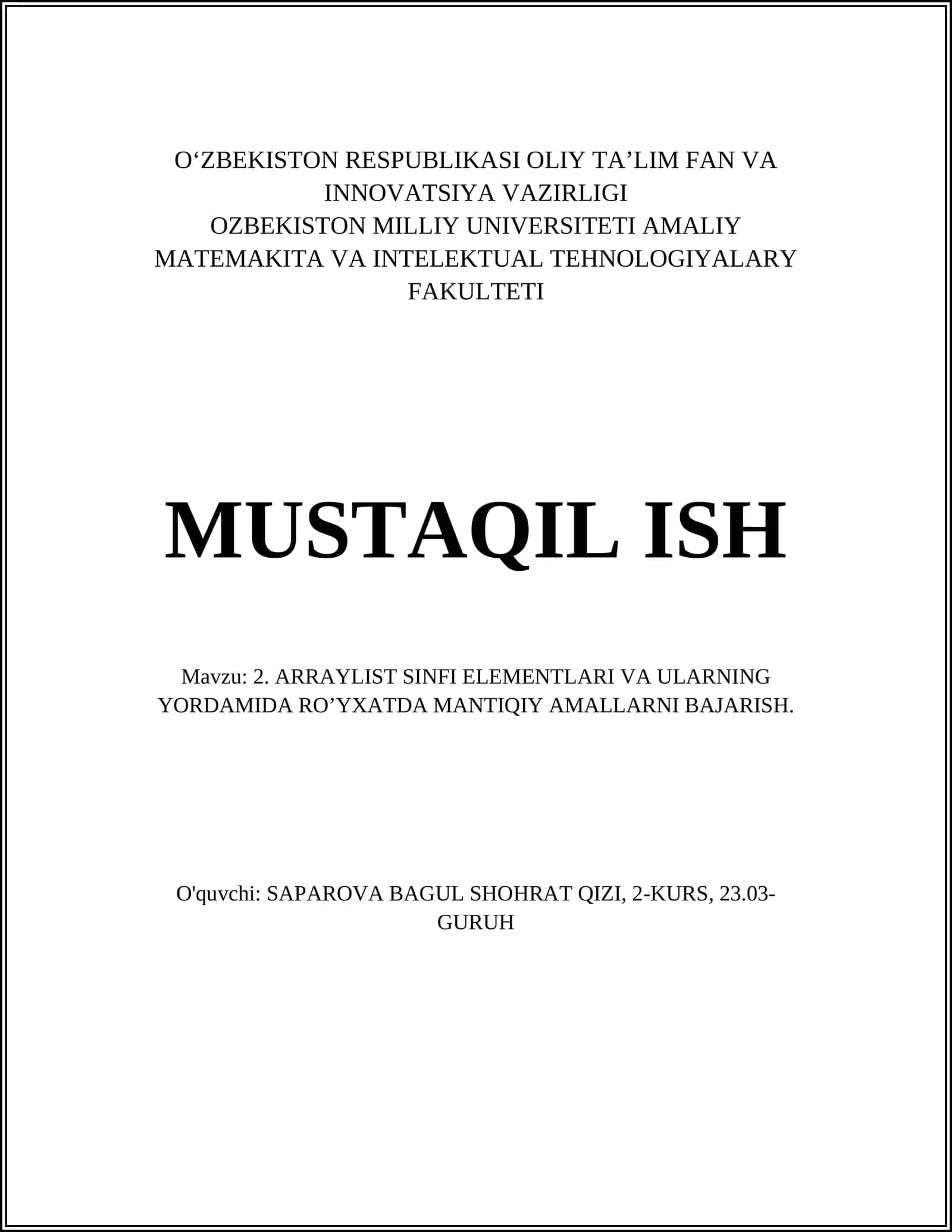 ARRAYLIST SINFI ELEMENTLARI VA ULARNING YORDAMIDA RO’YXATDA MANTIQIY AMALLARNI BAJARISH 1