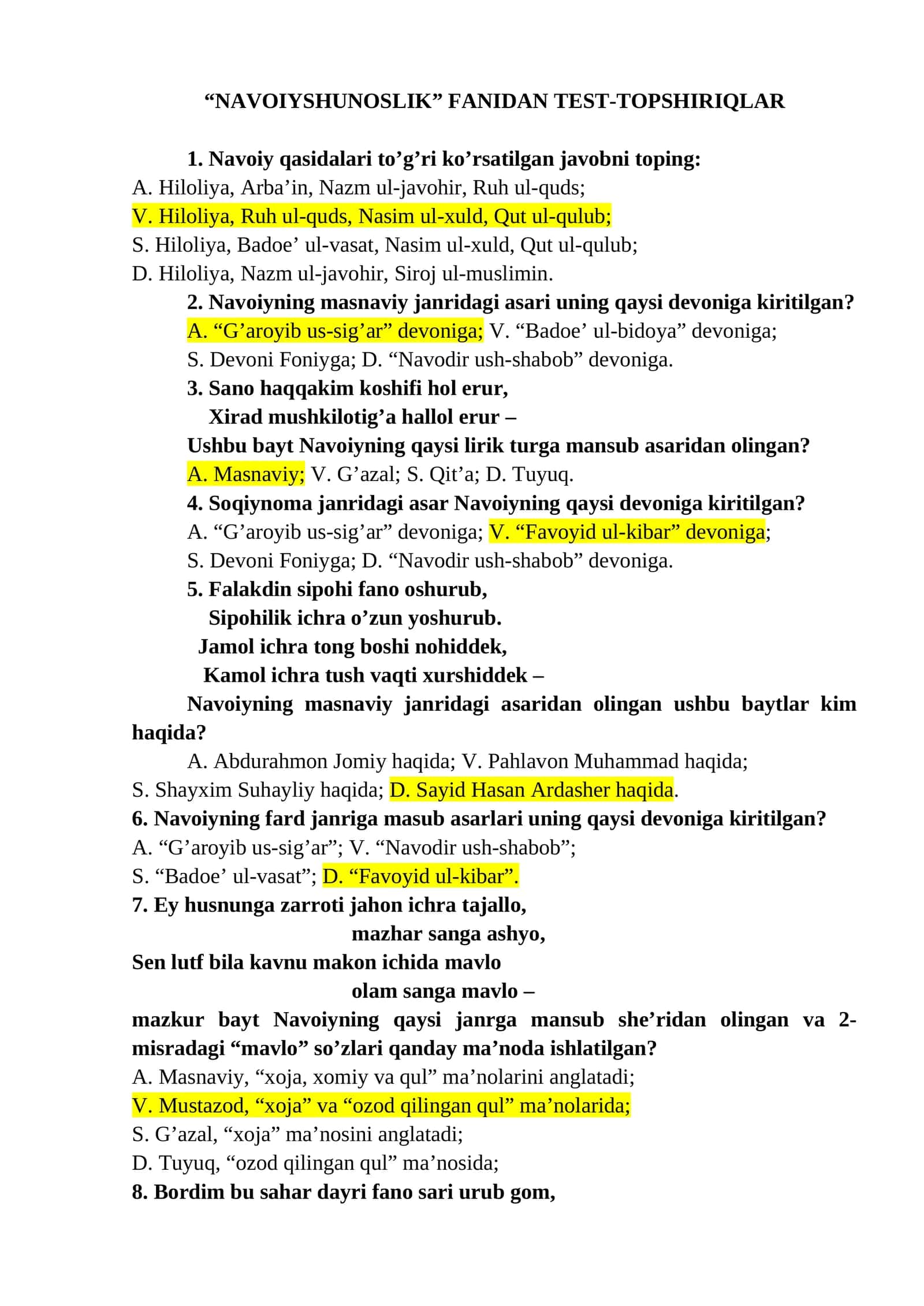 “NAVOIYSHUNOSLIK” FANIDAN TEST-TOPSHIRIQLAR 1